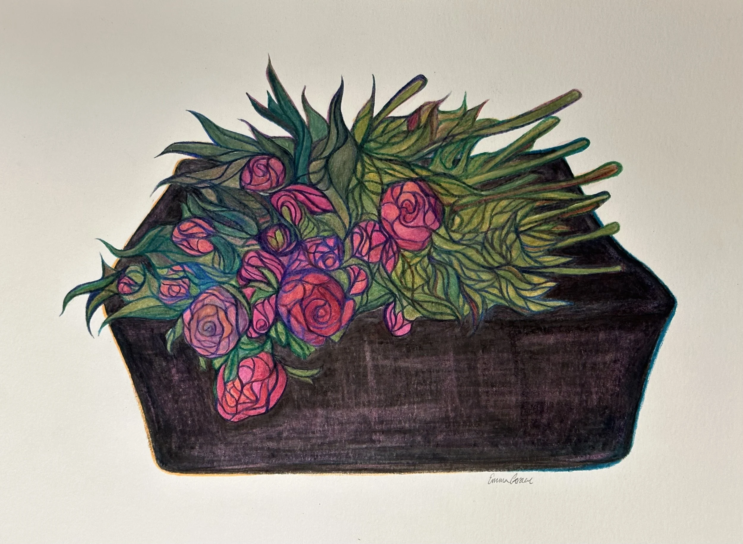 farm flowers, colored pencil, watercolor SOLD