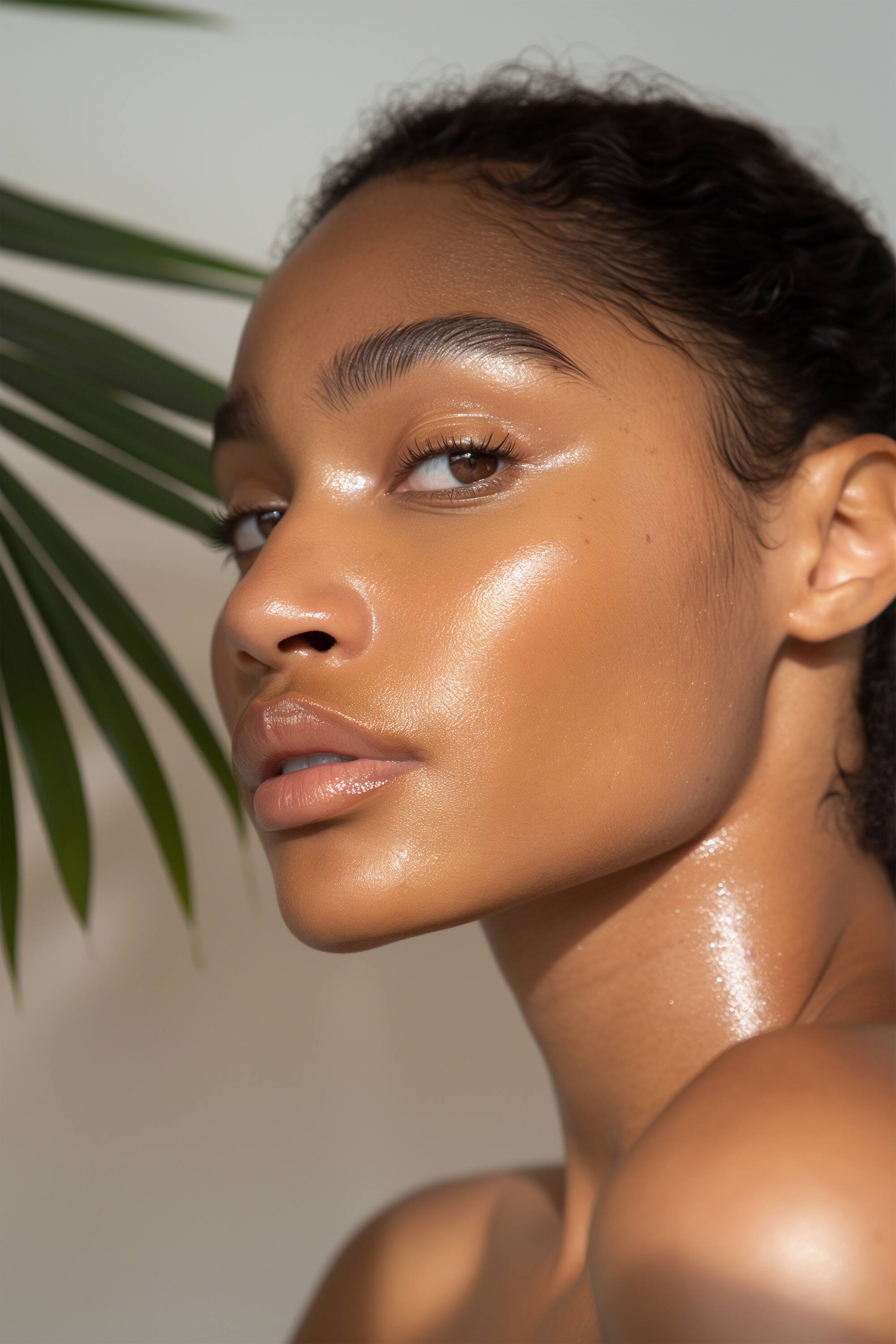 Close-up of a young woman with glowing, dewy skin, natural makeup, and neatly groomed eyebrows, with a green palm leaf in the background.