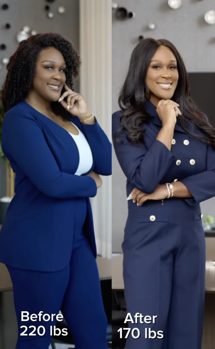 Side-by-side comparison of a woman before and after weight loss. On the left, she is wearing a blue suit, standing with arms crossed, with a caption indicating her weight was 220 pounds. On the right, she is wearing a navy blazer and pants, smiling with a hand on her chin, with a caption indicating her weight is 170 pounds.
