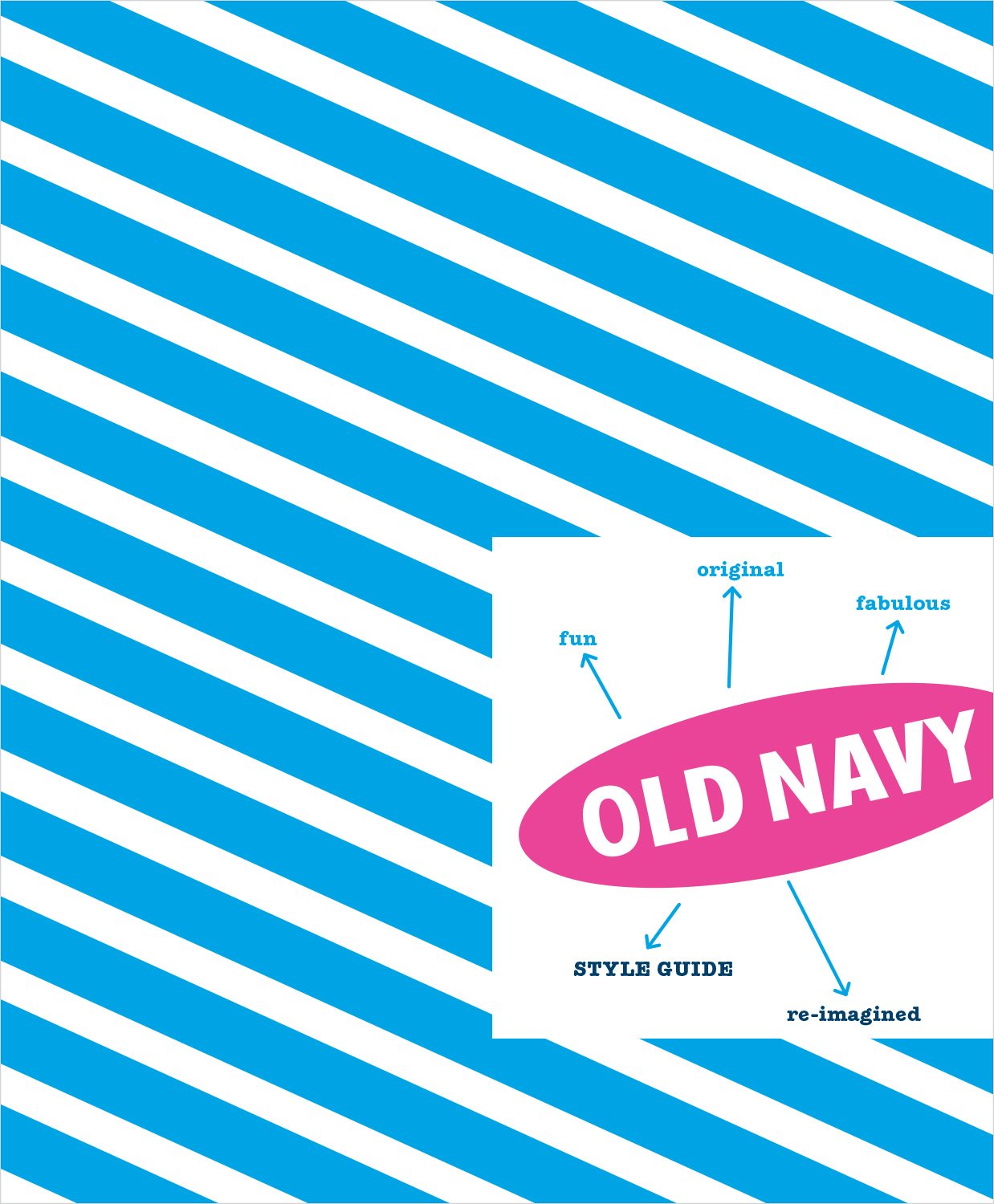 Cover image with blue and white diagonal stripes for Old Navy's style guide featuring the text "OLD NAVY" in a pink oval, surrounded by words like "fun," "original," "fabulous," "re-imagined."