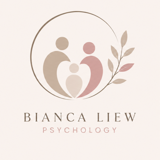 Logo for Bianca Liew Psychology featuring a stylized family with two adults and a child enclosed in a circle with a branch on the right side.