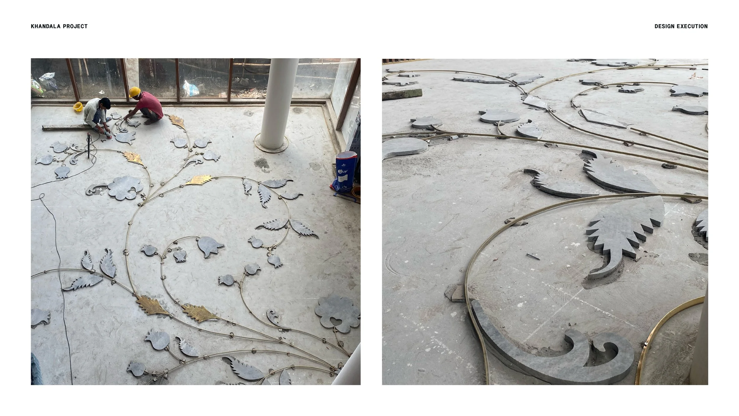 Architectural Flooring installation with mix material like marble, brass, aluminium, glass aggregate in cement terrazzo  