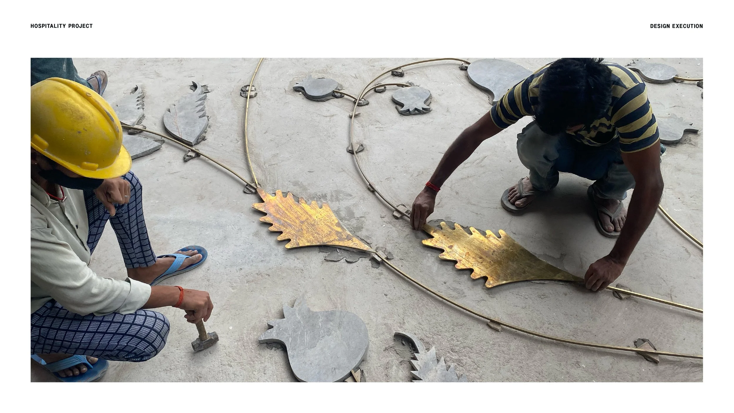 Building on site with brass, marble and cementitious terrazzo