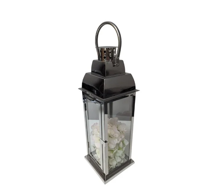 16" Shiny Silver Glass Lantern