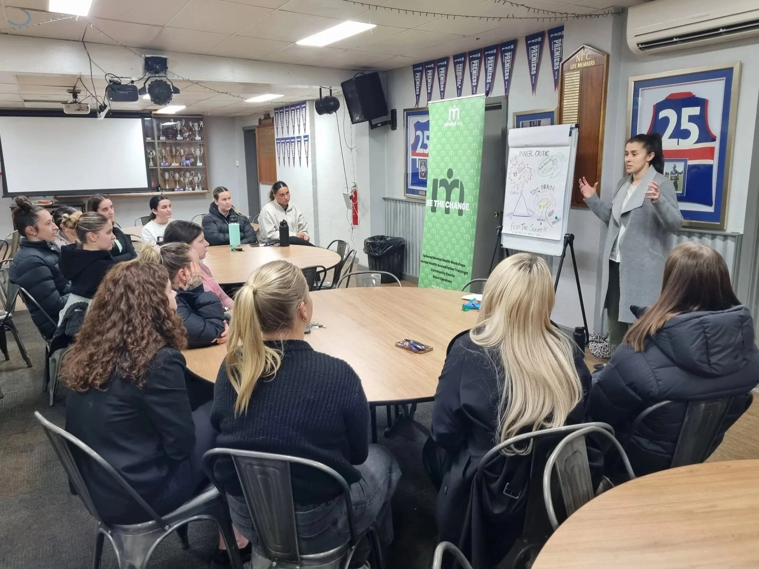 Kat presenting a workshop to Senior netball and football athletes on identity, reframing the inner critic and turning set backs into come backs.