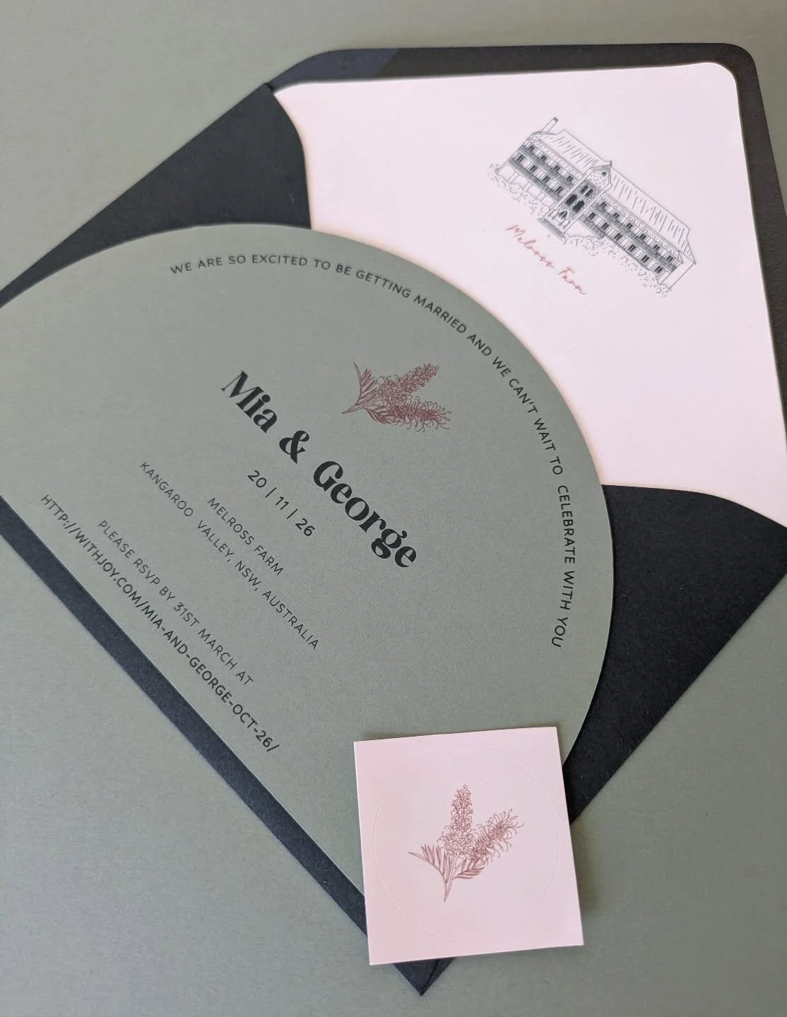Designed from the ground up for Mia &amp; George.

This suite features a bespoke arch-shaped invitation, a custom illustrated envelope liner, and a matching envelope seal &mdash; all illustrations hand-drawn by me to reflect their venue and story.

I