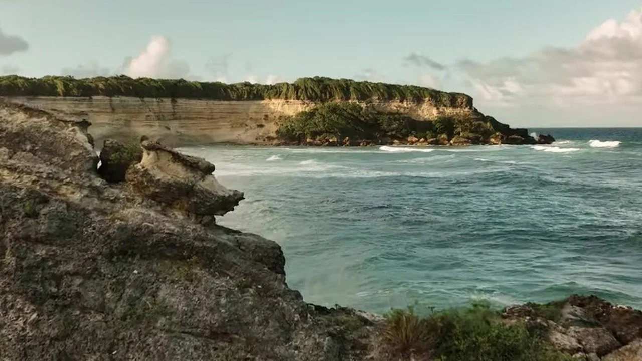 Layered tan cliff and turquoise cove with jungle along the Dominican coast