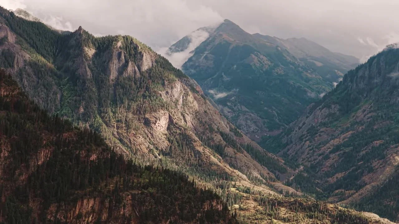 Forested San Juan peaks with mist in the valleys above Gold Mountain