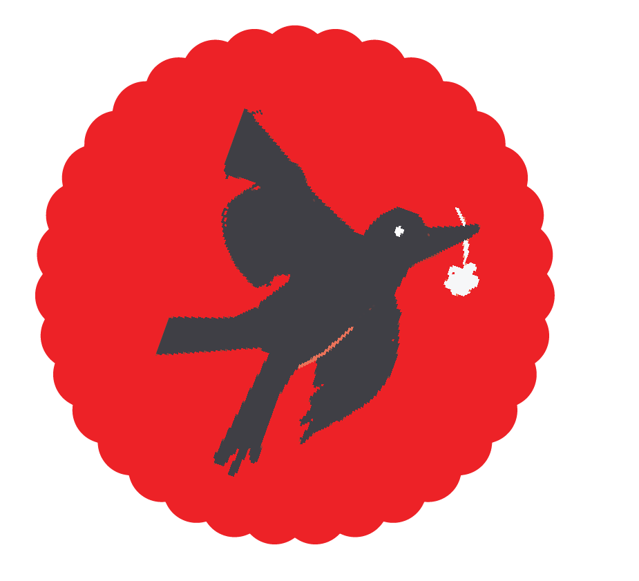 A pixelated black and white drawing of a hummingbird holding a small container with a white flower or snowball in its beak, set against a scalloped red background.
