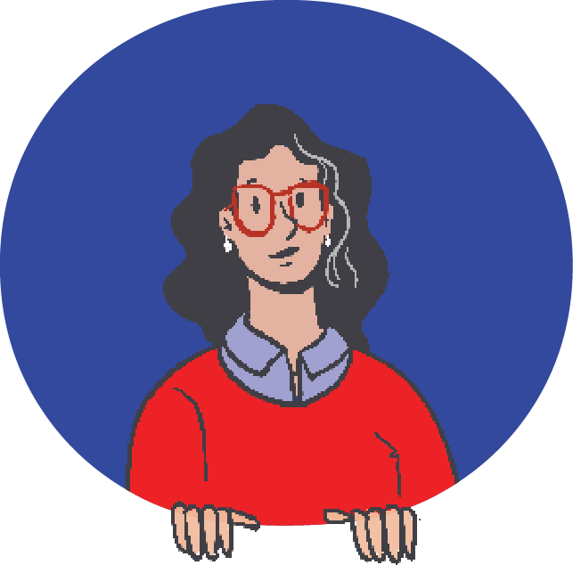 Pixel art of a woman with dark wavy hair, red glasses, and a red shirt, standing against a blue background.