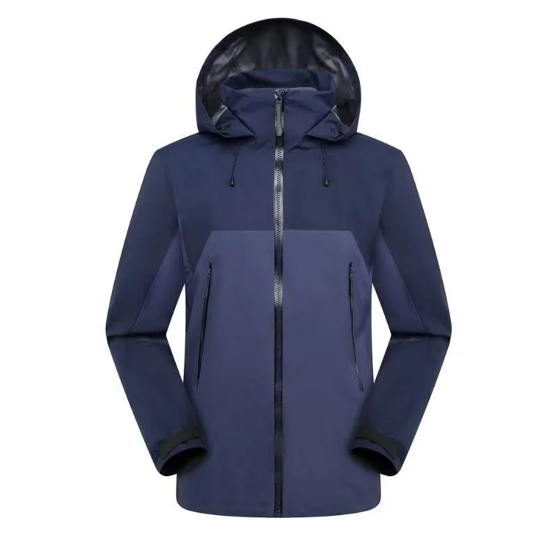Blue hooded rain jacket with front zipper and side pockets.