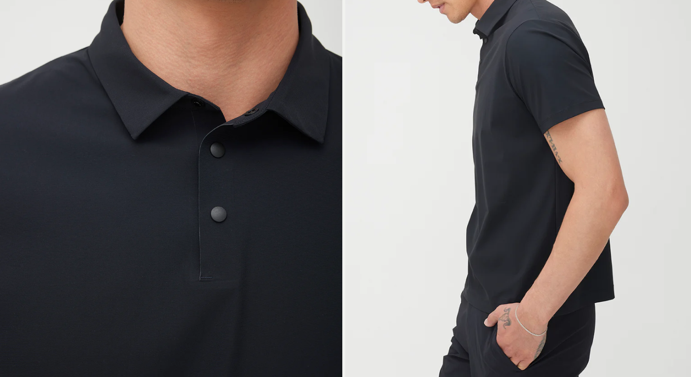 Close-up and side view of a person wearing a black short-sleeve polo shirt with a collar and buttons.