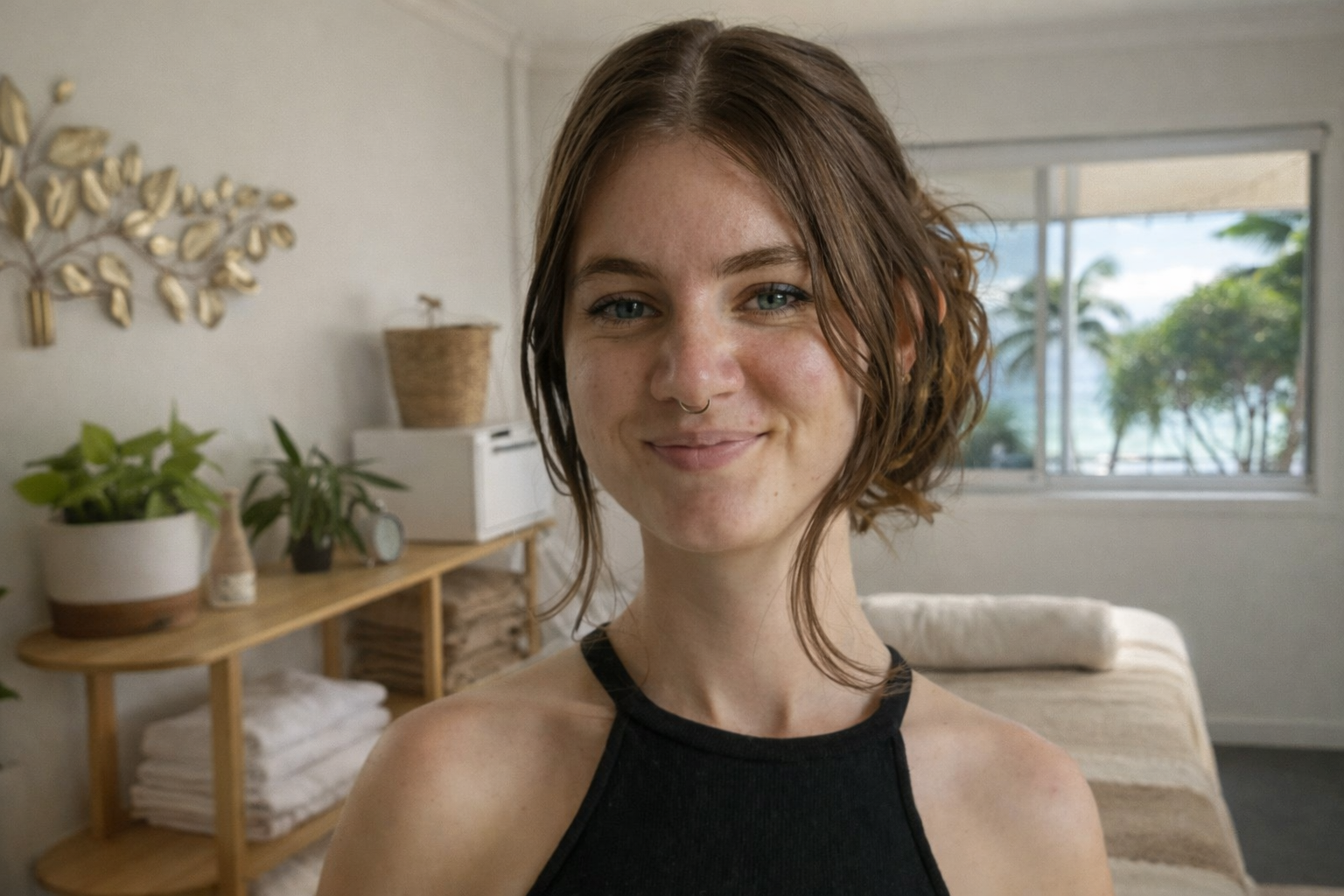 A young woman with short, wavy auburn hair and a septum piercing, smiling softly in a bright living room with large window, plants, and minimal decor.