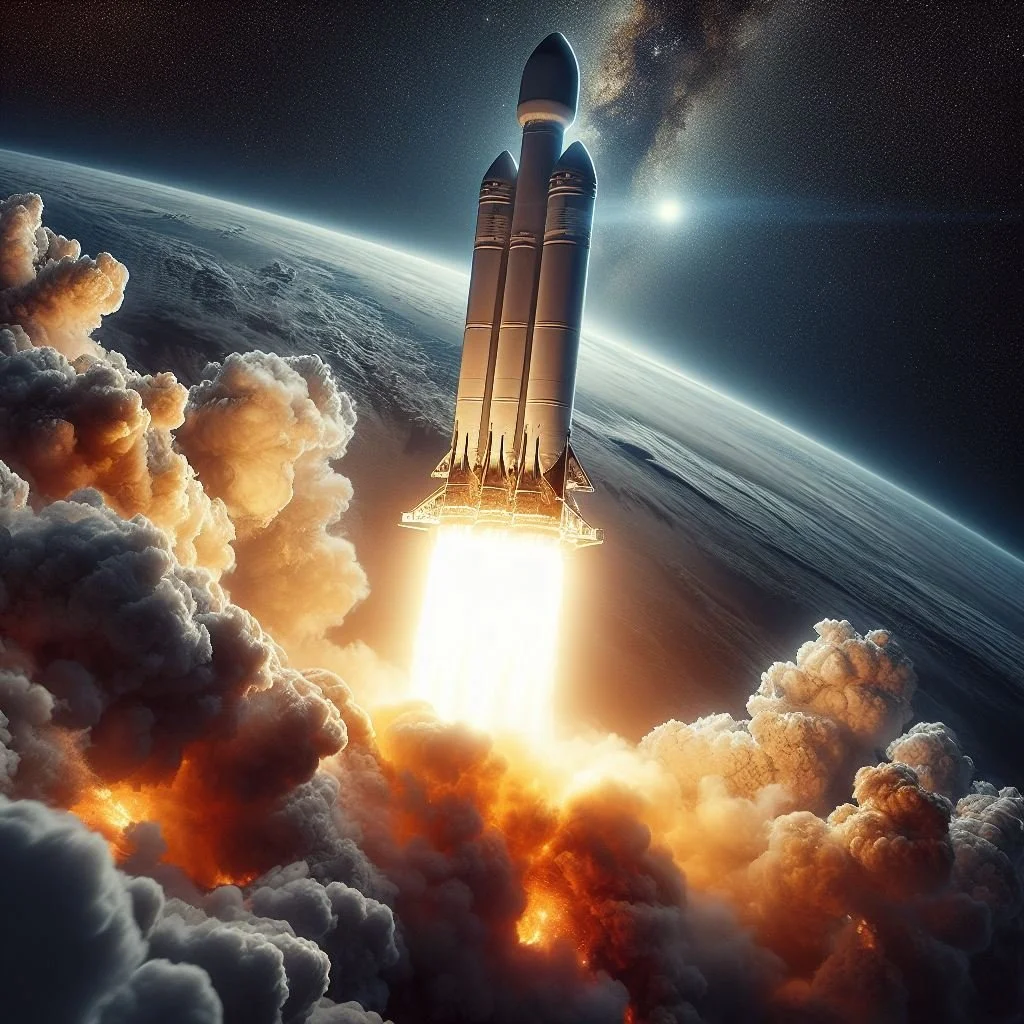 A rocket launching into space above Earth's atmosphere with a view of stars and the Milky Way galaxy in the background.