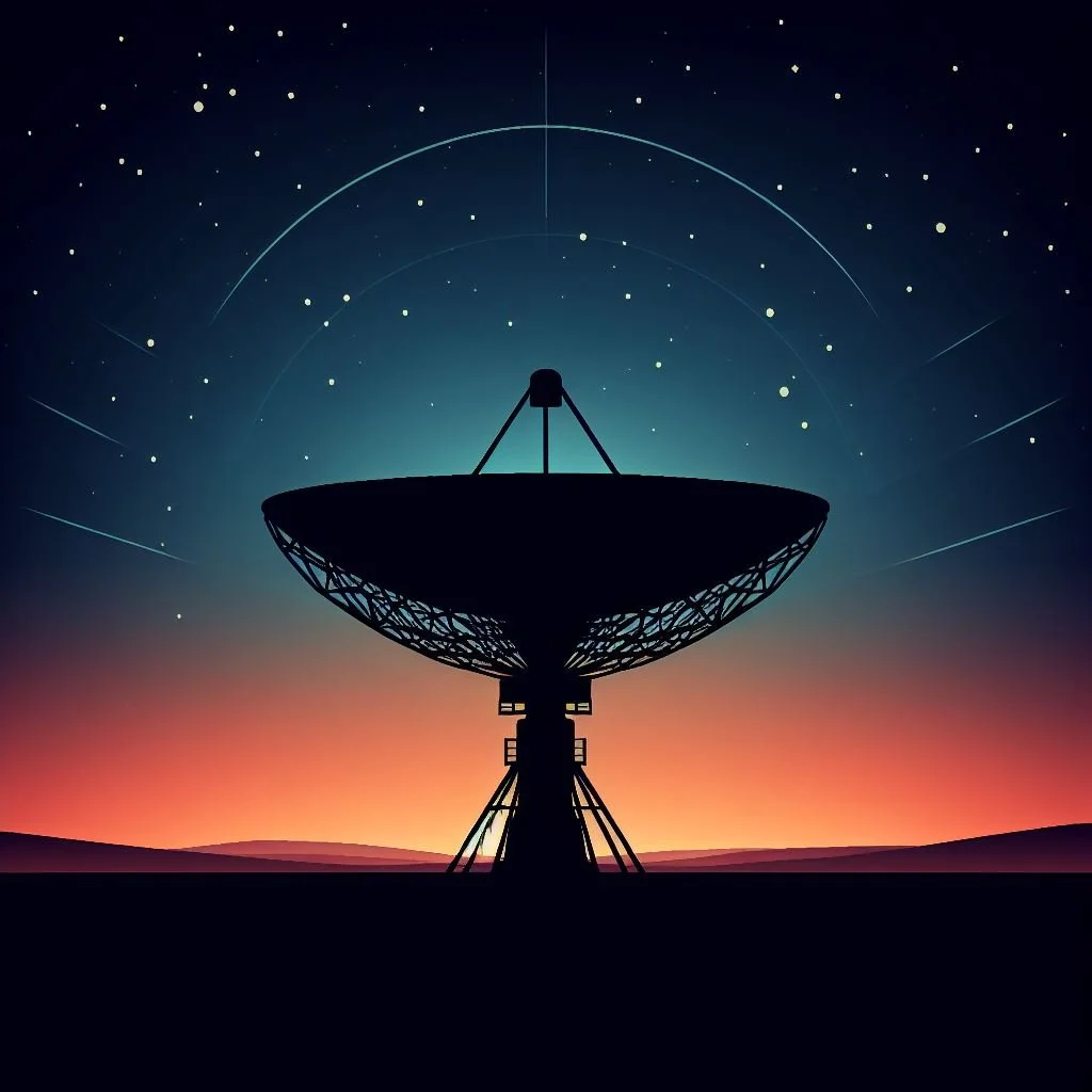 Silhouette of a large radio telescope dish against a night sky filled with stars and a colorful sunset horizon.