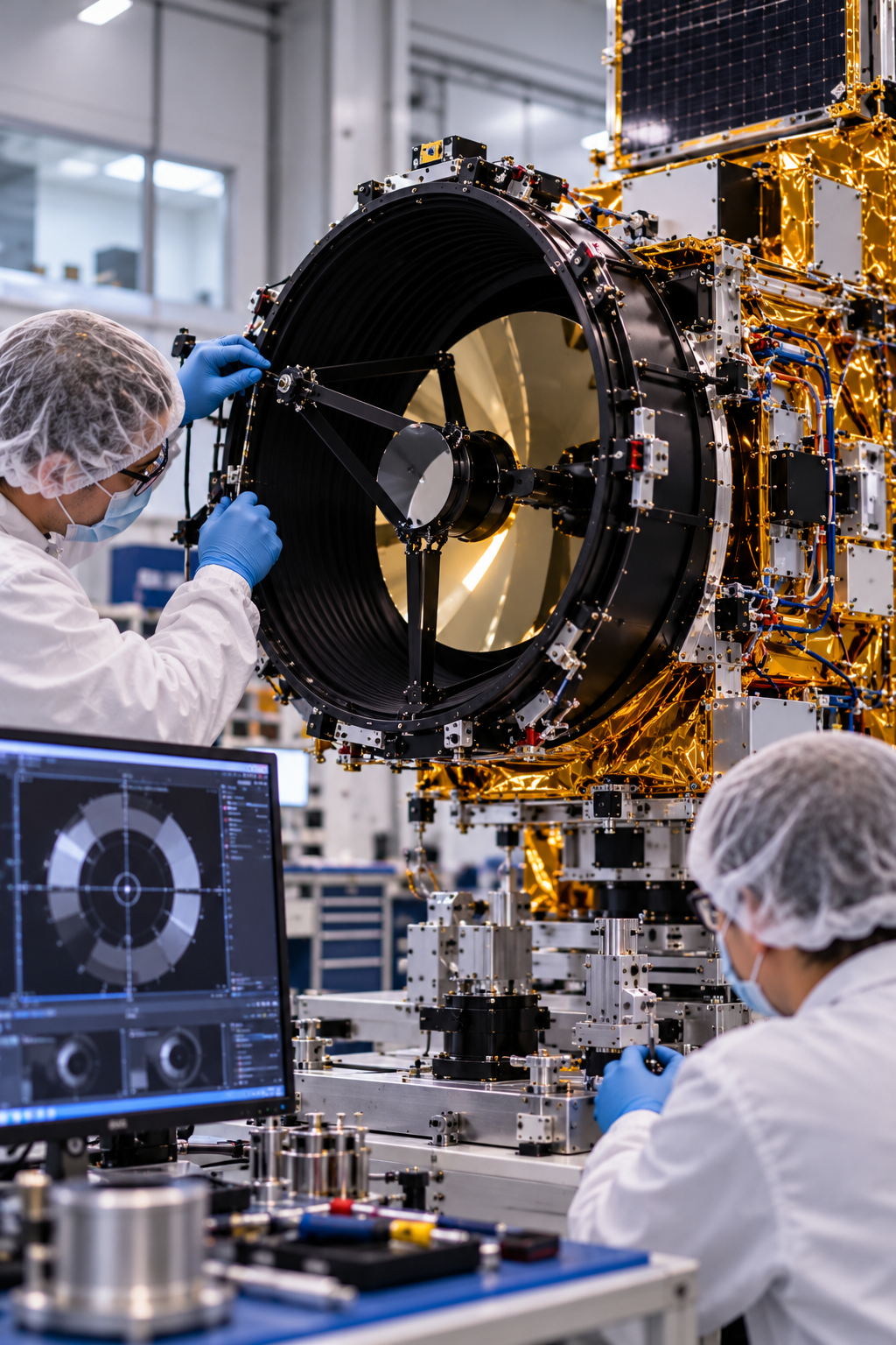 Aerospace engineers aligning and testing a satellite's optical telescope and mirror assembly in a cleanroom, using precision instruments to prepare an Earth observation imaging system for space.