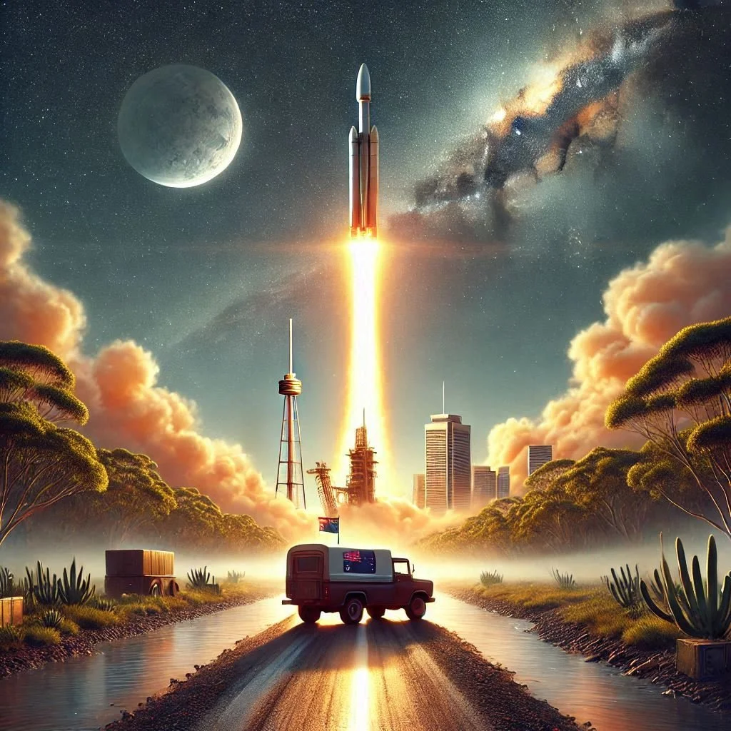 A rocket launching into space with a city skyline and the moon in the background, surrounded by clouds and stars, with a vehicle on a dirt road in the foreground.