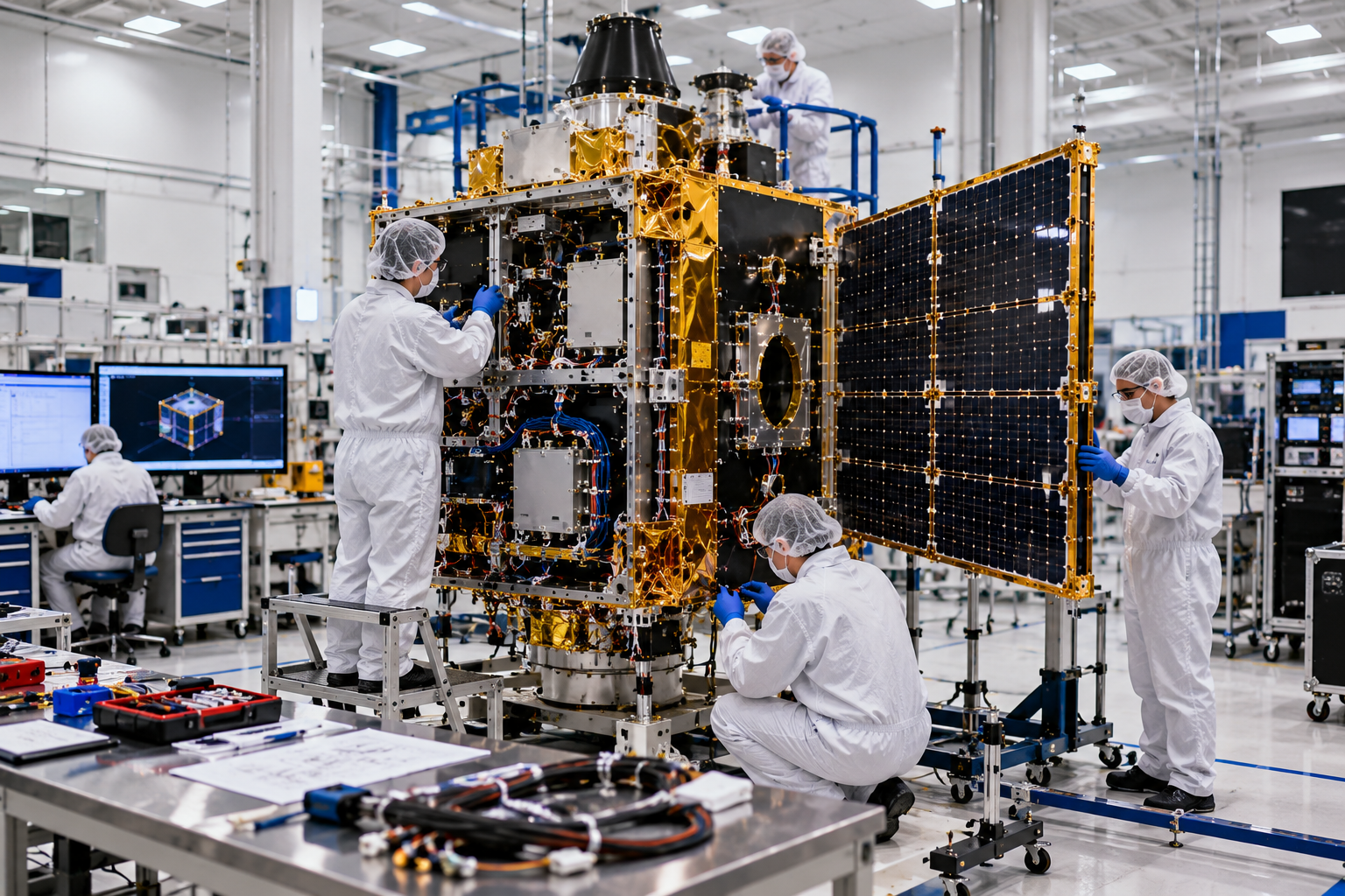 Aerospace engineer assembling a satellite in a cleanroom laboratory, working on exposed avionics, electrical wiring and power management systems, with solar panels and spacecraft components visible.