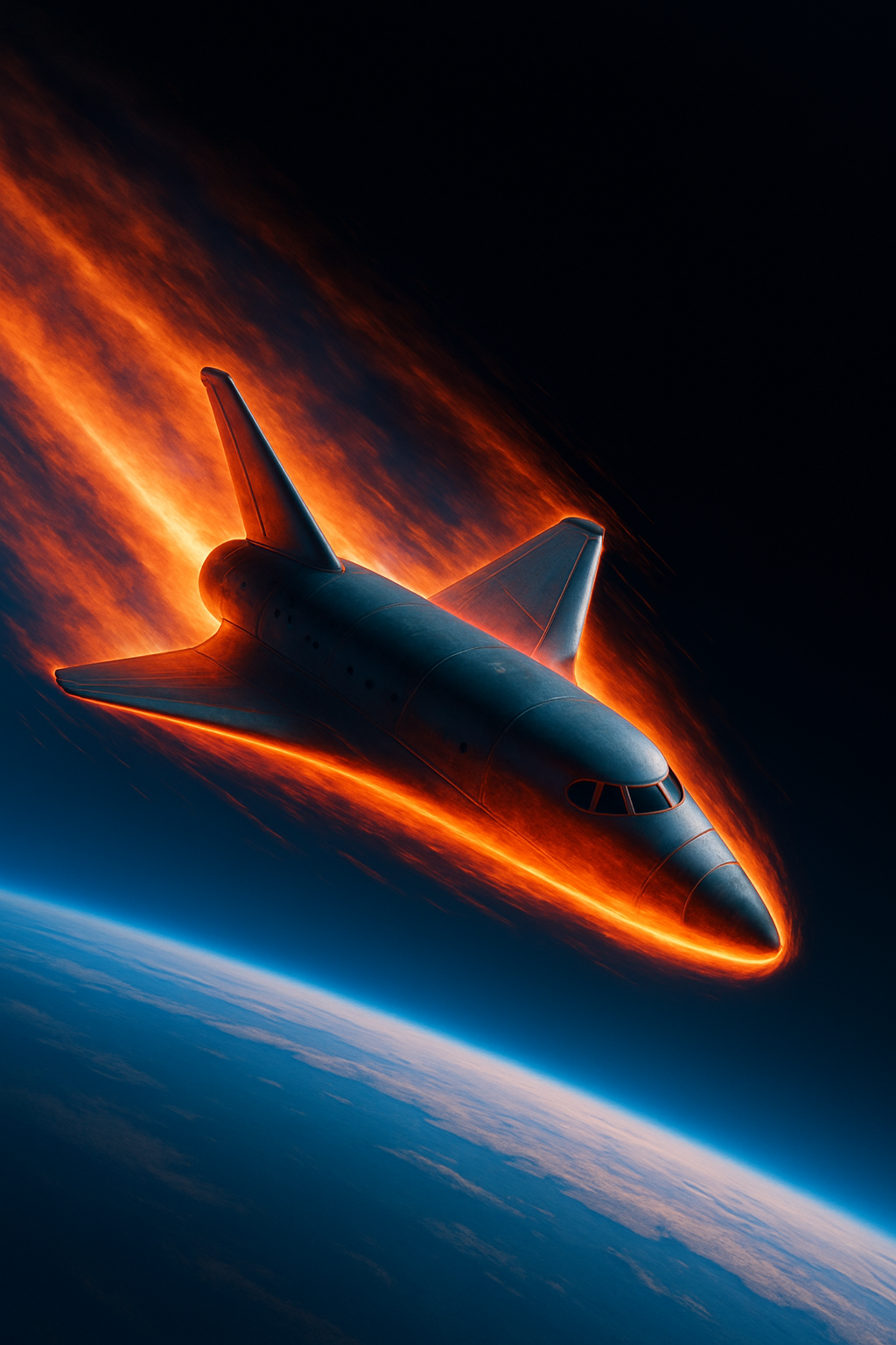 A spaceship with a sleek design flying through space, surrounded by a fiery glow with a view of Earth below.