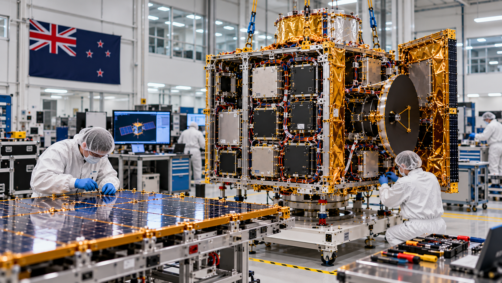 Aerospace engineers assembling and testing a satellite in a New Zealand cleanroom facility, with exposed electronics, power distribution systems, solar panels and a New Zealand flag in the background.