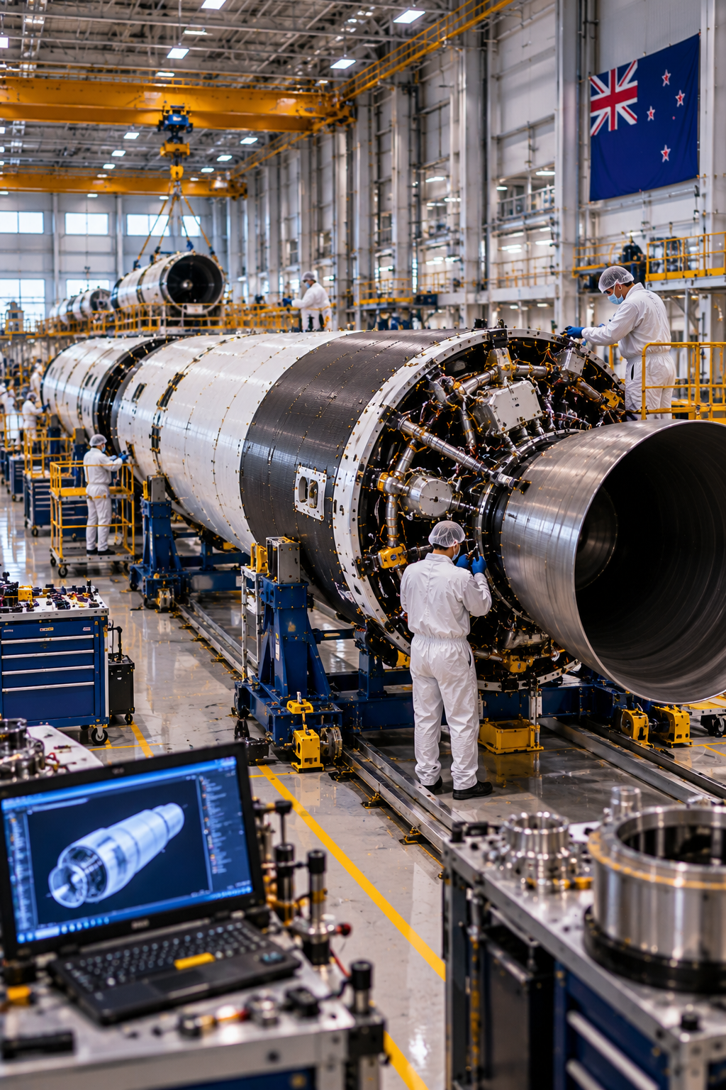 Aerospace engineers assembling and inspecting orbital launch rockets inside a modern manufacturing facility in New Zealand, featuring rocket engines, precision engineering equipment and spacecraft integration systems.