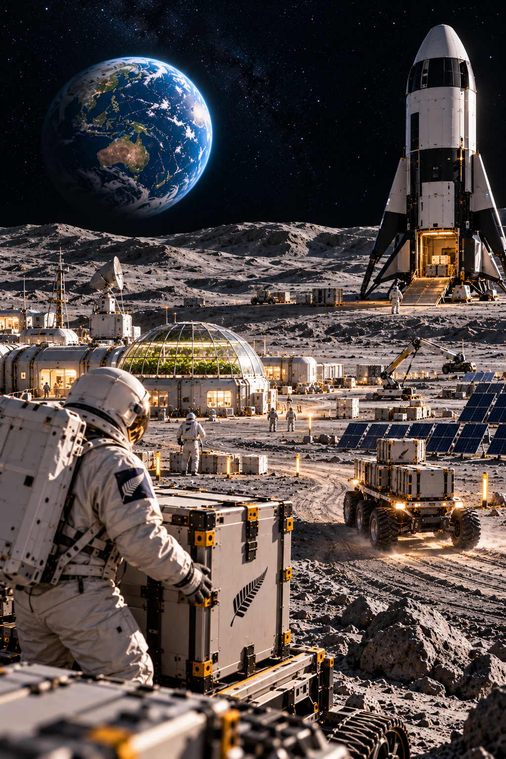 New Zealand astronaut handling cargo containers at a future Moon base, with autonomous lunar rovers, solar panels and research habitats supporting sustainable lunar logistics and resupply operations.