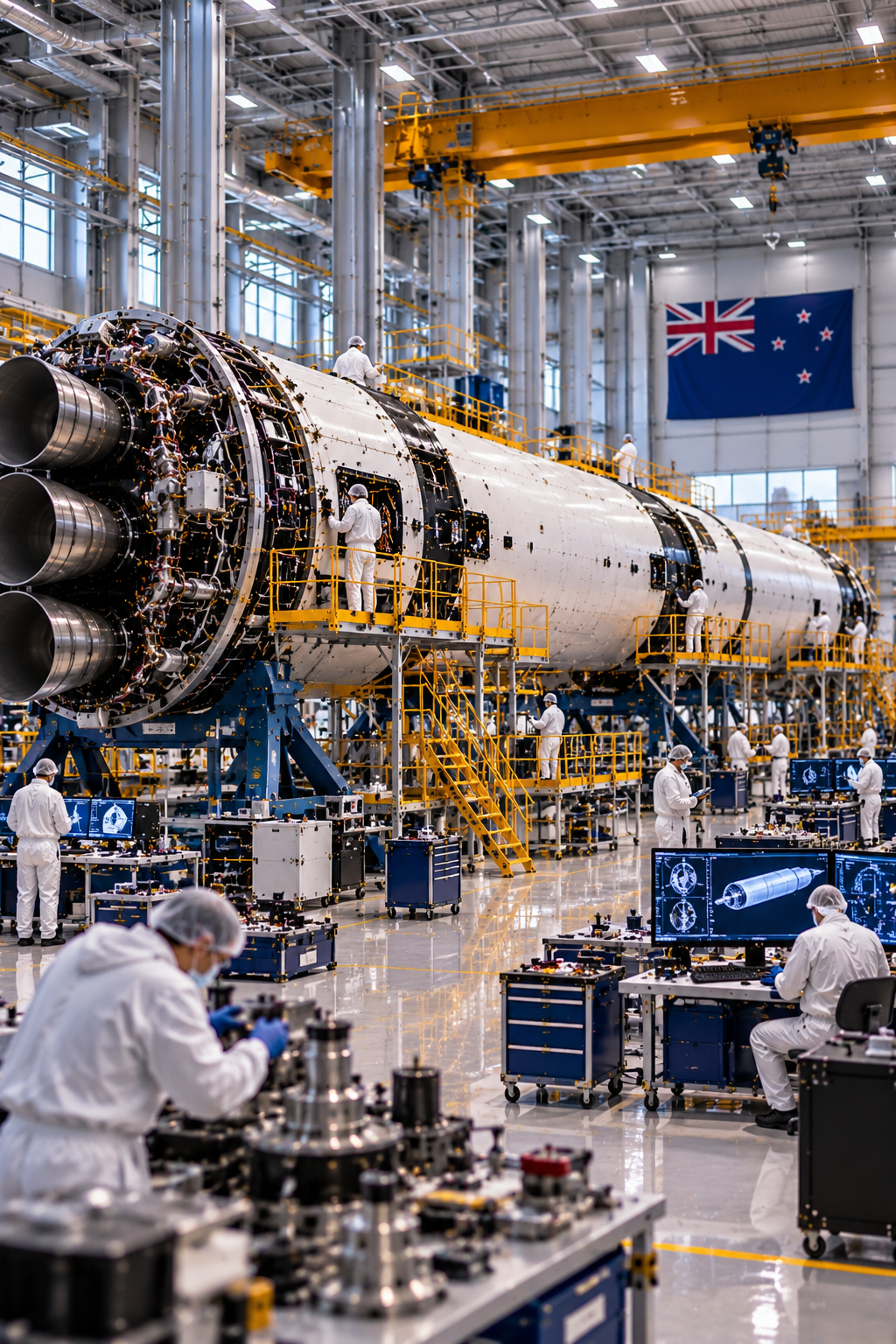 Aerospace engineers assembling and inspecting orbital launch rockets inside a modern manufacturing facility in New Zealand, featuring rocket engines, precision engineering equipment and spacecraft integration systems.