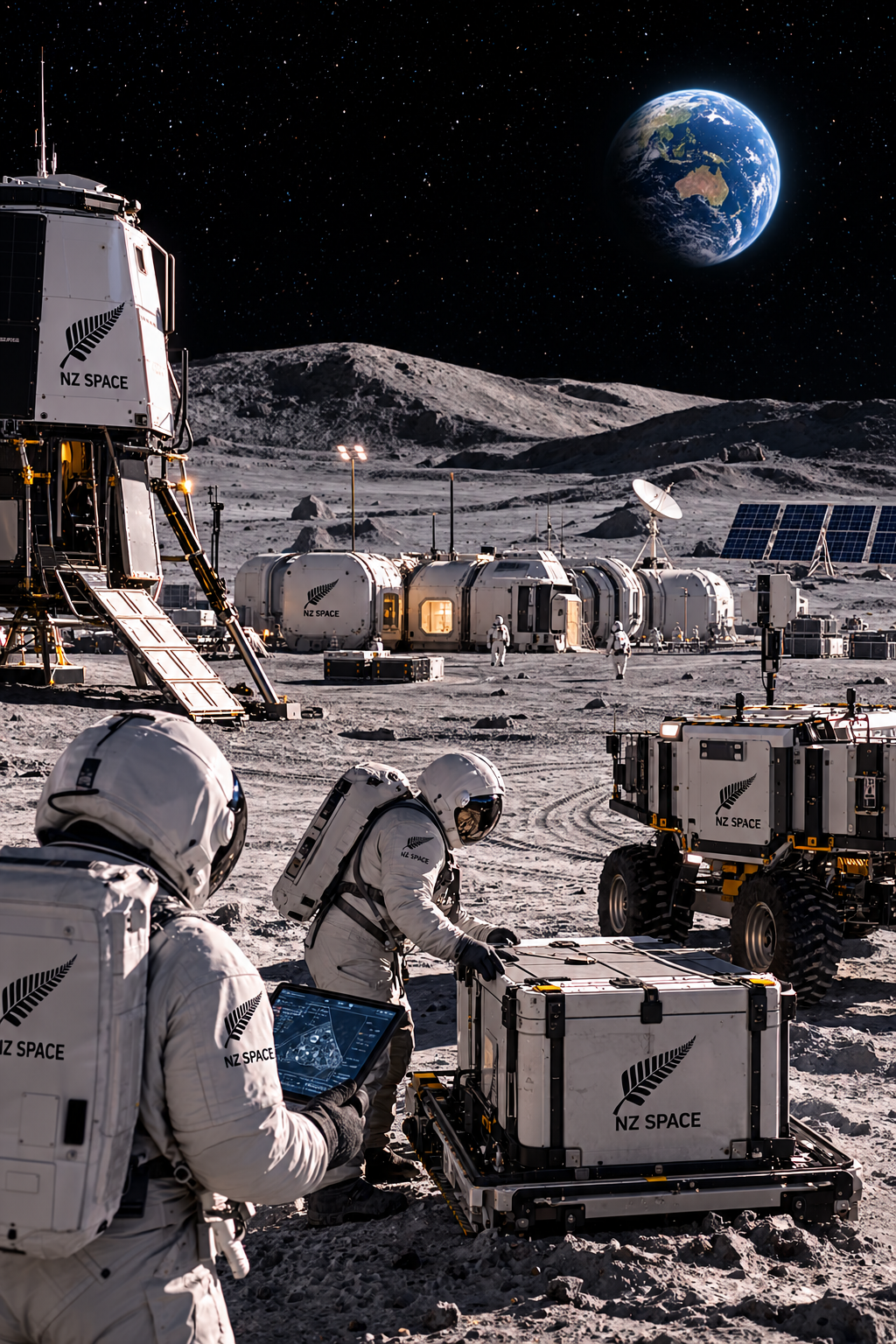 New Zealand astronaut handling cargo containers at a future Moon base, with autonomous lunar rovers, solar panels and research habitats supporting sustainable lunar logistics and resupply operations.