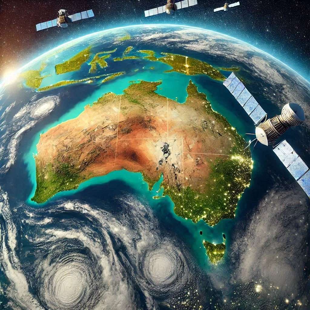 An illustration of Earth from space showing continents with bright city lights, a satellite with solar panels orbiting above, and two large weather systems over the ocean.