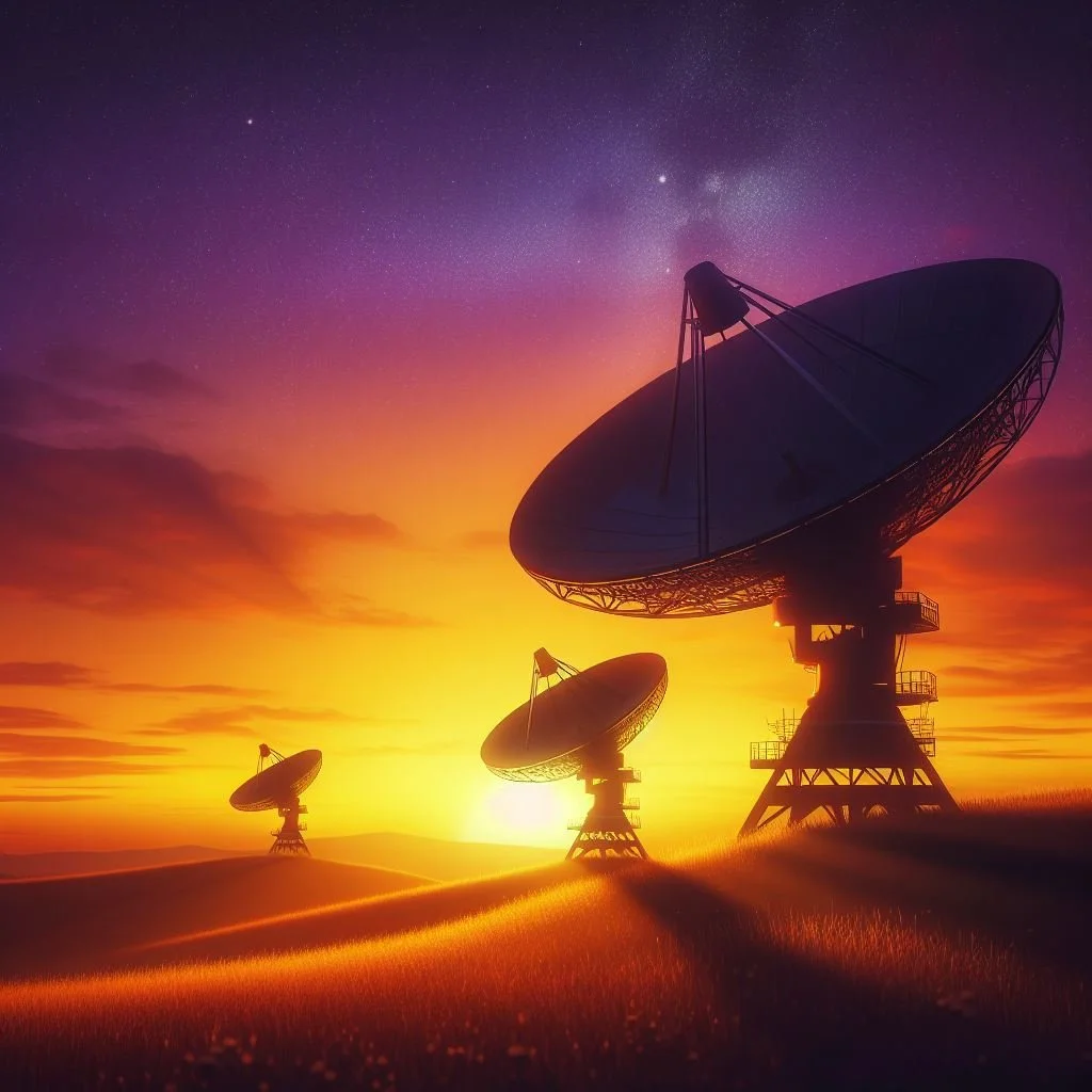 Silhouettes of radio telescopes on a landscape at sunset with a colorful sky and stars visible.