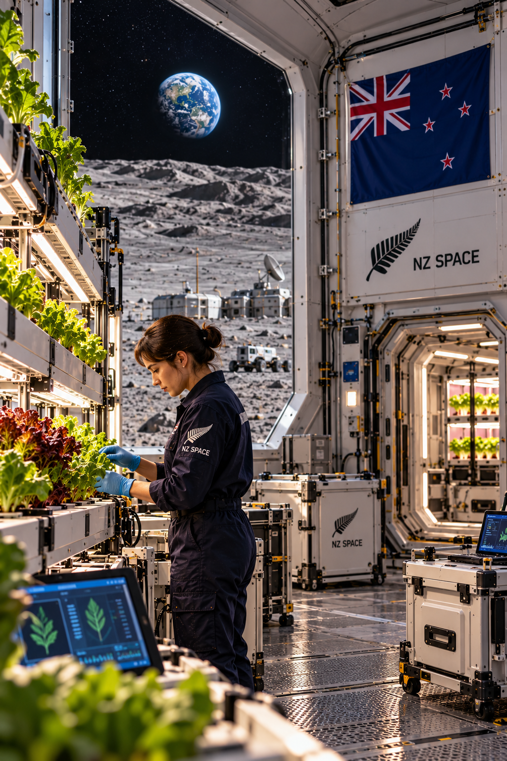 Concept illustration of a New Zealand lunar greenhouse featuring hydroponic crops, automated farming systems, water recycling equipment and solar panels supporting sustainable agriculture on the Moon.
