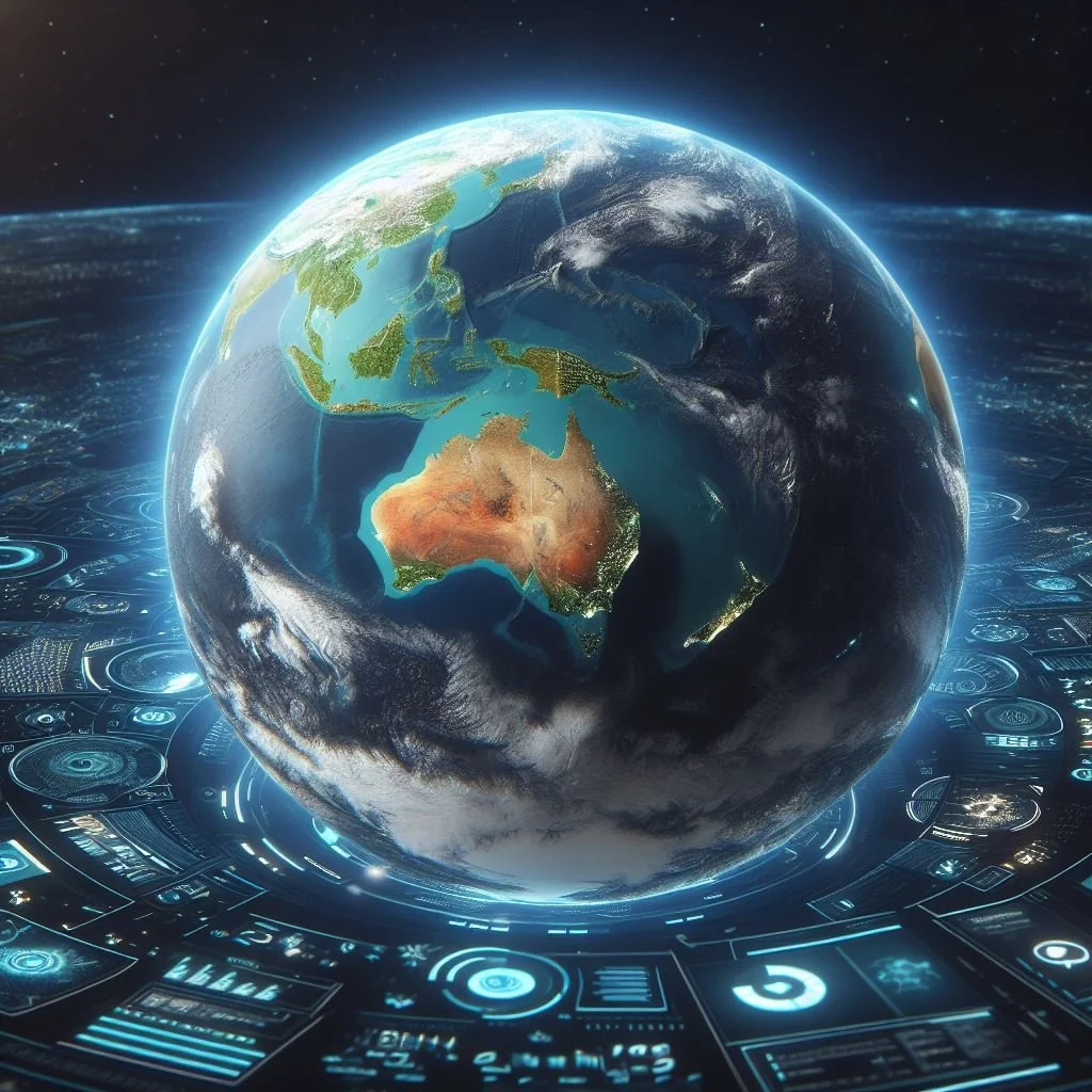 Digital rendering of Earth from space with North America and Australia visible, surrounded by a high-tech digital interface.