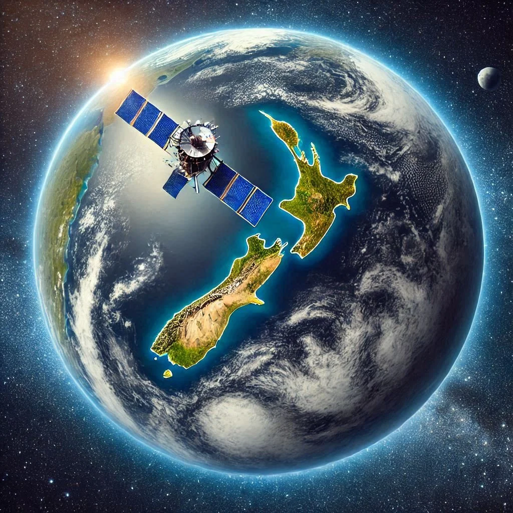 A satellite orbiting Earth with a view of New Zealand and some of the surrounding Pacific Ocean, with stars in space and the Sun partially visible on the horizon.