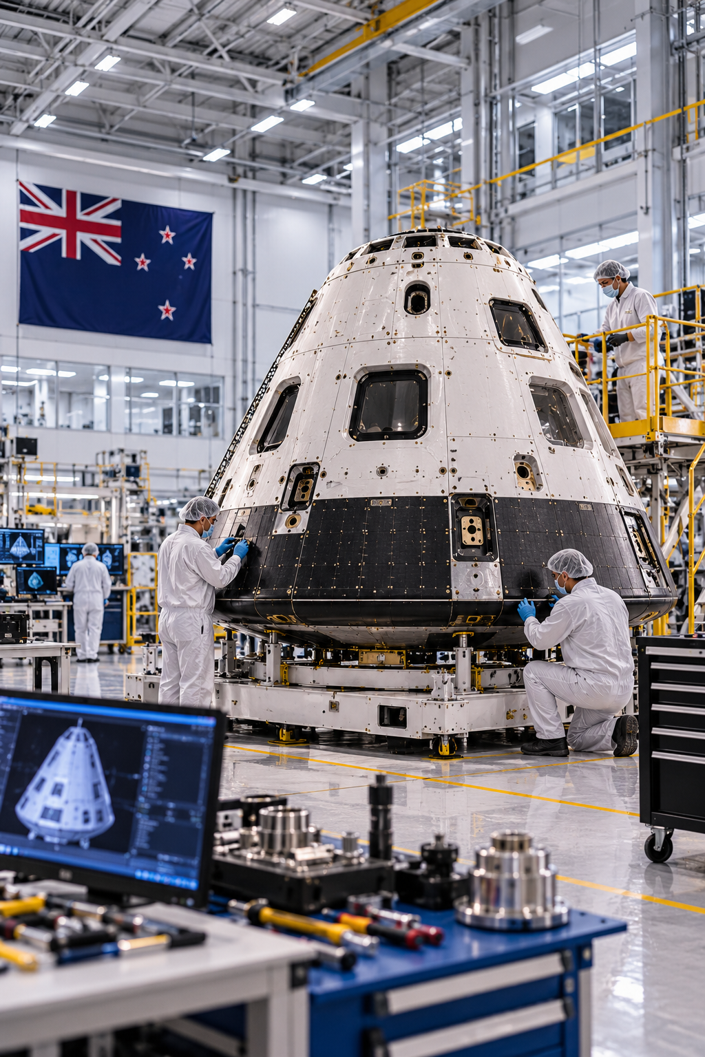 Aerospace engineers assembling and inspecting a spacecraft re-entry capsule in a cleanroom manufacturing facility, featuring thermal protection panels, heat shielding and precision engineering equipment.
