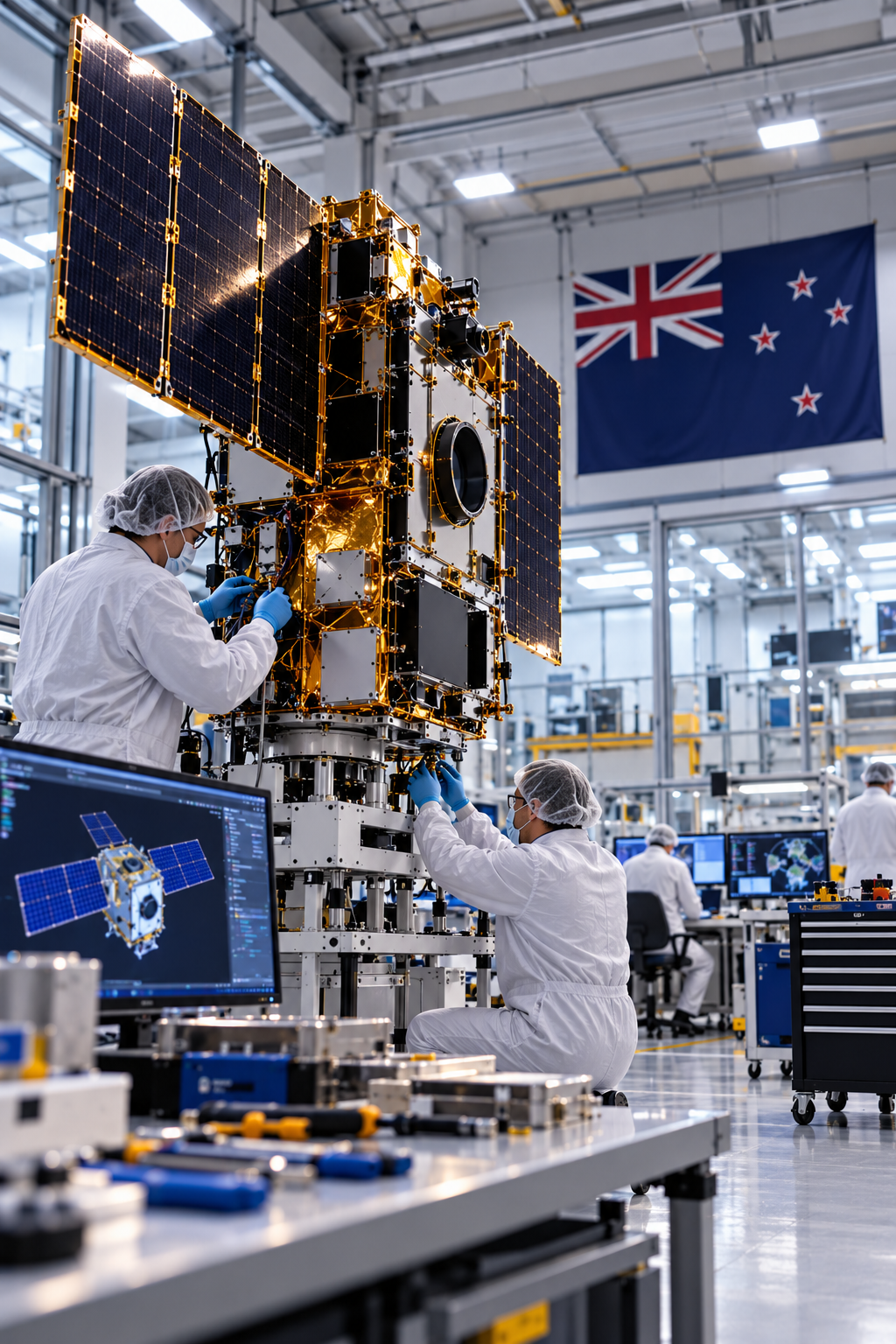 Aerospace engineers assembling and testing an Earth observation satellite in a New Zealand cleanroom facility, featuring solar panels, optical imaging sensors and precision spacecraft electronics.