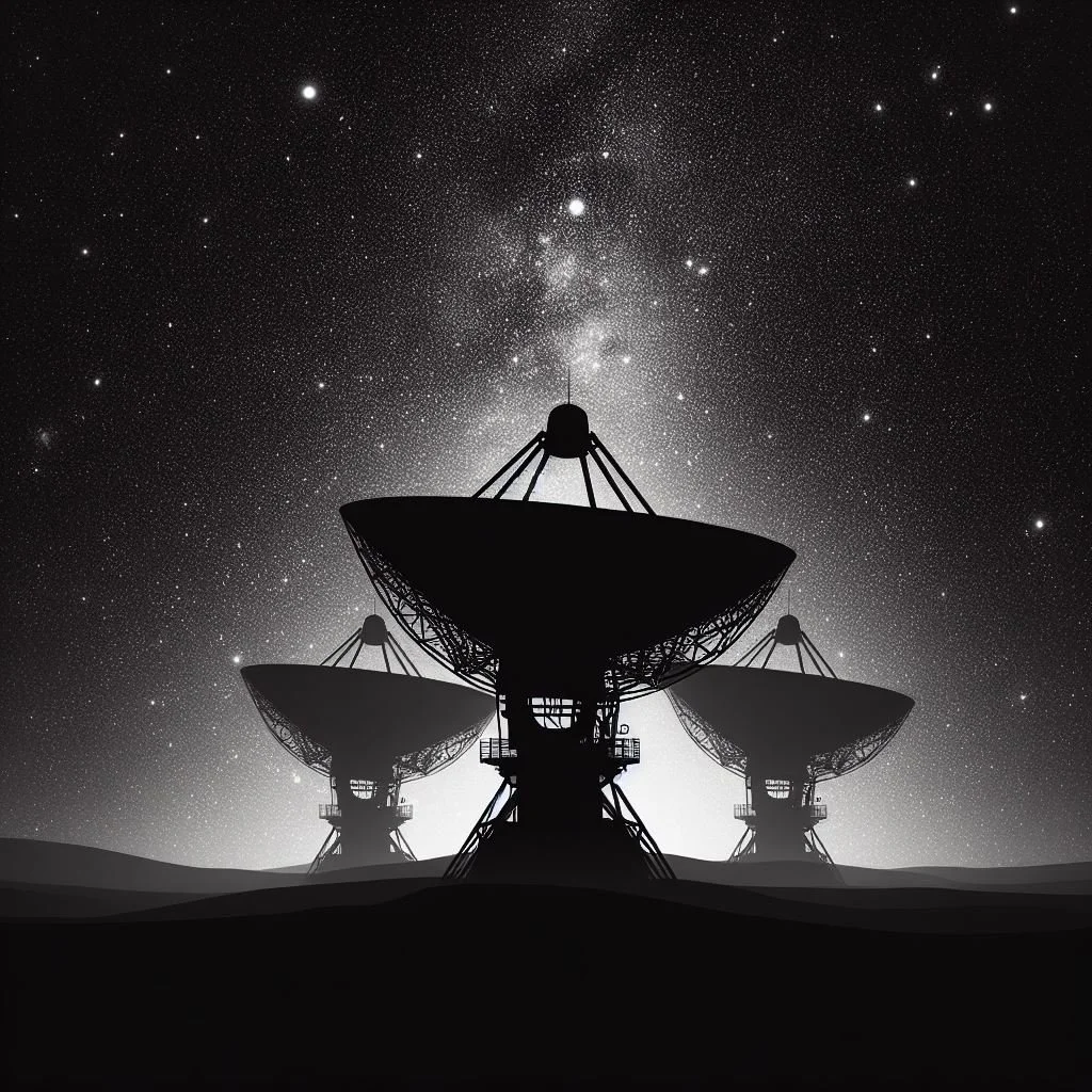 Silhouettes of large radio telescopes set against a starry night sky with many stars and a faint glow behind.