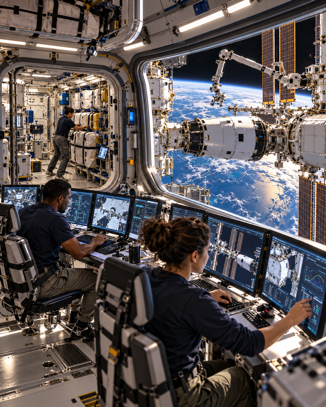 a space station orbiting Earth, highlighting the isolation, logistical challenges and distance from emergency support