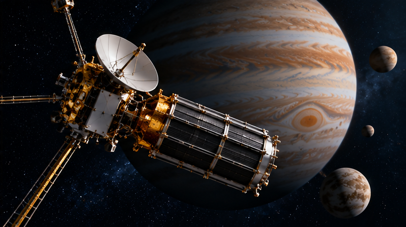 Deep-space spacecraft equipped with a radioisotope power system travelling near Jupiter and its moons, illustrating how nuclear-powered space probes can operate far from the Sun where solar energy is limited.