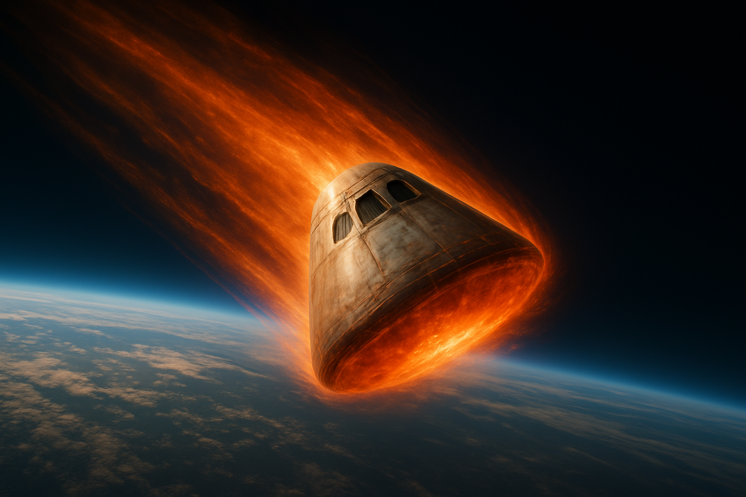 A spaceship cabin is burning and falling towards Earth, with flames and smoke trailing behind in space.
