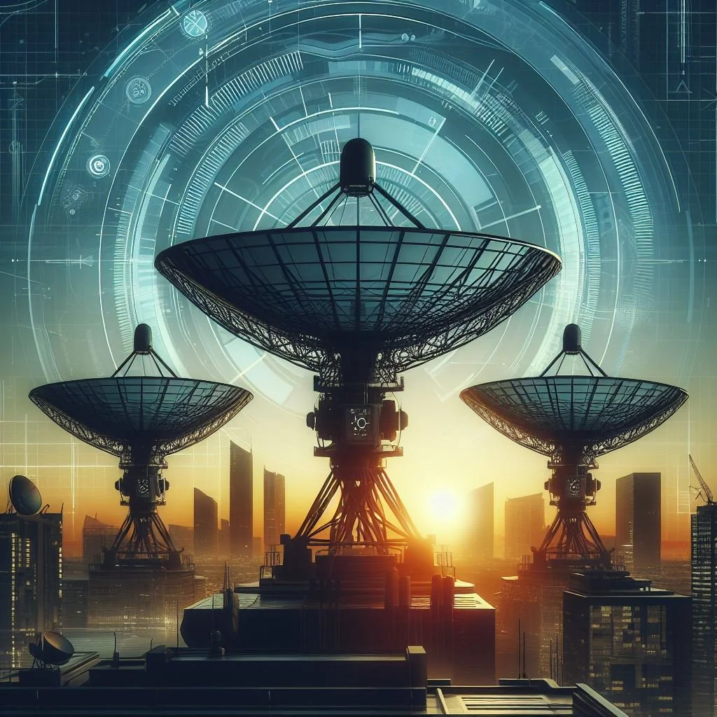 Futuristic cityscape with large satellite dishes and digital holographic interface overlay at sunset.