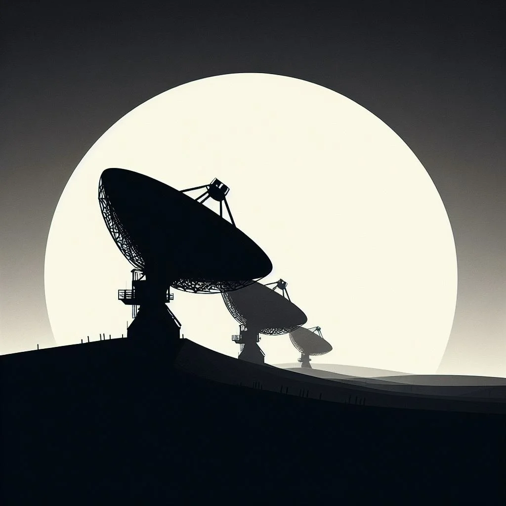 Silhouettes of three large satellite dishes against a bright full moon in a cloudy sky.