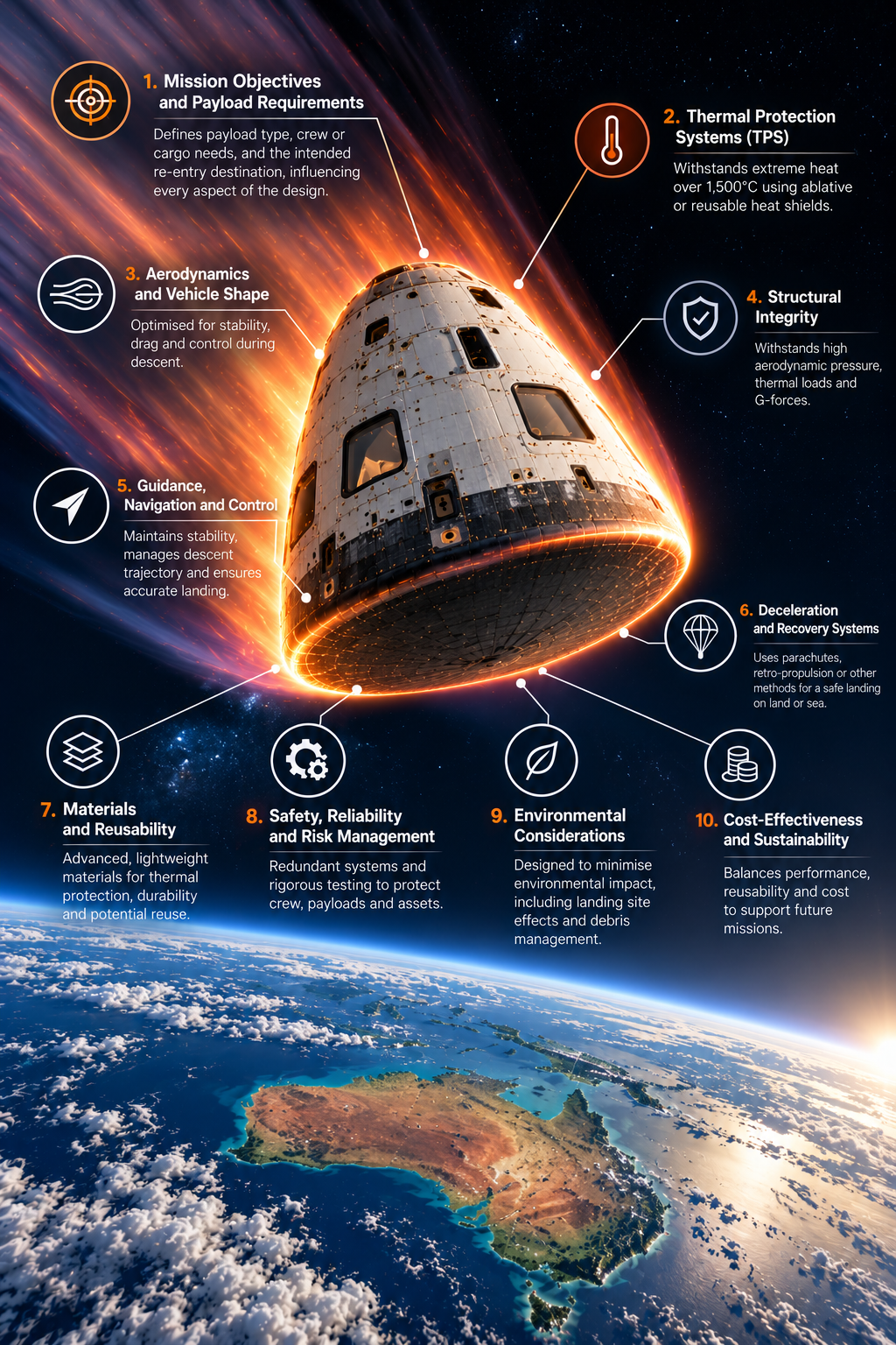 Spacecraft re-entry capsule descending through Earth's atmosphere, illustrating ten critical design considerations including thermal protection, aerodynamics, structural integrity, guidance systems, parachute recovery, safety and sustainability.