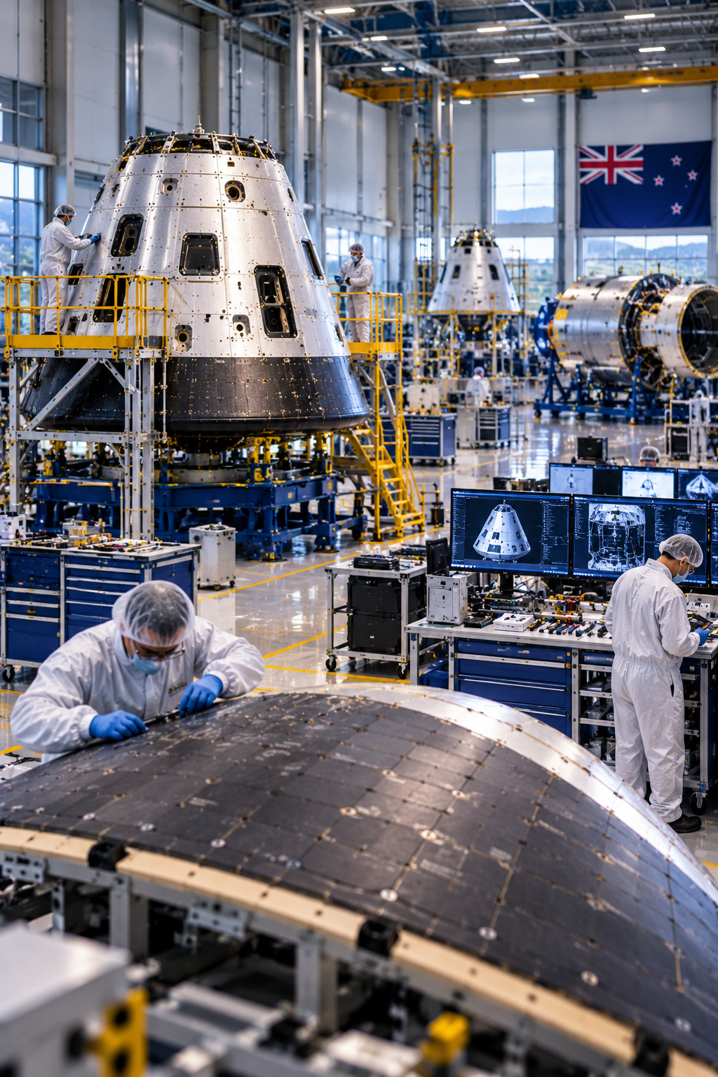 Aerospace engineers manufacturing spacecraft re-entry capsules in a modern assembly facility, inspecting thermal protection heat shields and structural components using precision engineering equipment.