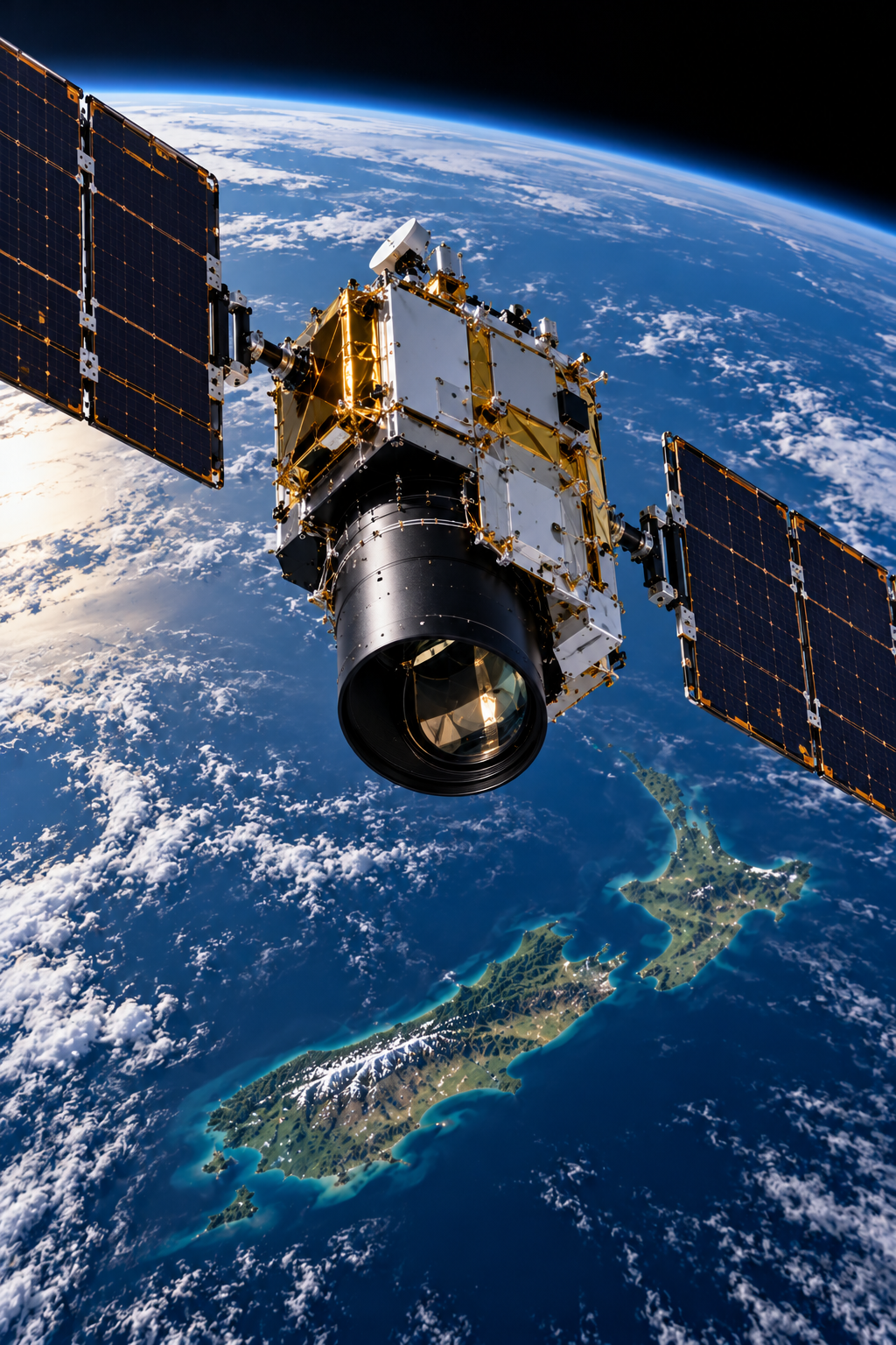Earth observation satellite orbiting above New Zealand, featuring high-resolution optical imaging sensors and solar panels used for satellite imagery, environmental monitoring, disaster response and geospatial intelligence.