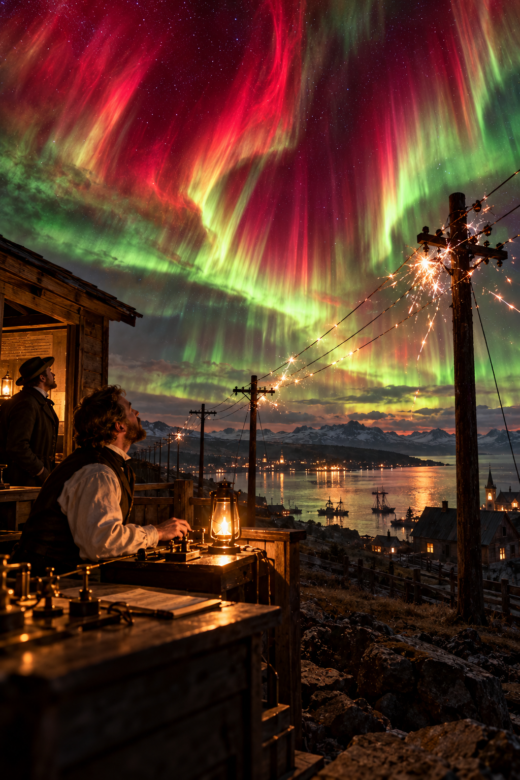 Historical illustration of the 1859 Carrington solar storm, showing telegraph operators witnessing electrical sparks and spectacular red and green auroras across the night sky.