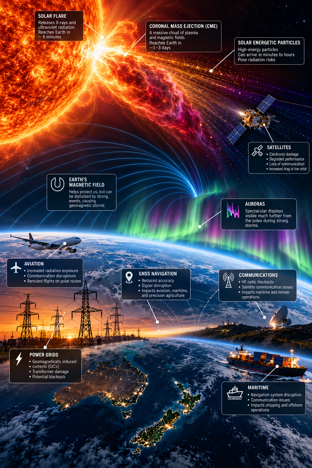 Illustration of a powerful solar flare and coronal mass ejection affecting Earth, highlighting space weather impacts on satellites, aviation, power grids, GPS navigation and communications.