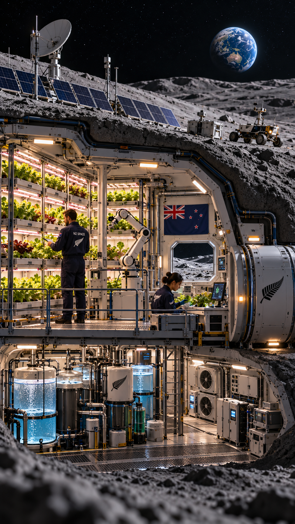Cross-section of an underground lunar farming facility showing New Zealand researchers cultivating hydroponic crops, robotic agricultural equipment, water treatment systems and radiation-shielded habitats beneath the Moon's surface.
