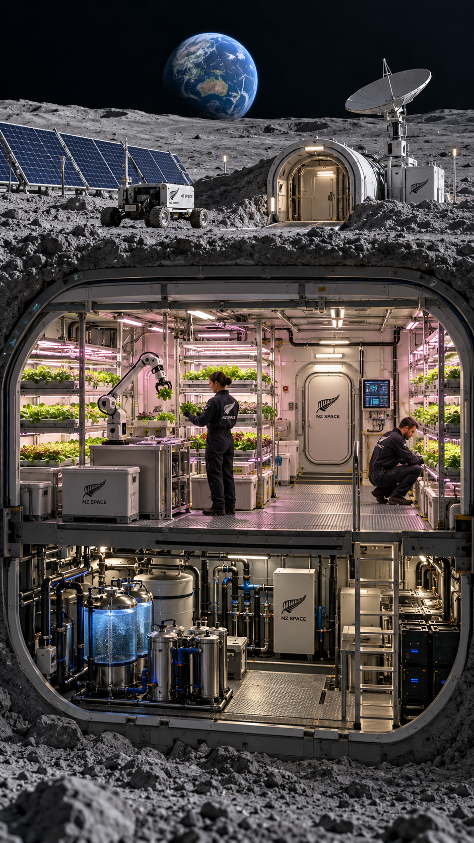 Cross-section of an underground lunar farming facility showing New Zealand researchers cultivating hydroponic crops, robotic agricultural equipment, water treatment systems and radiation-shielded habitats beneath the Moon's surface.
