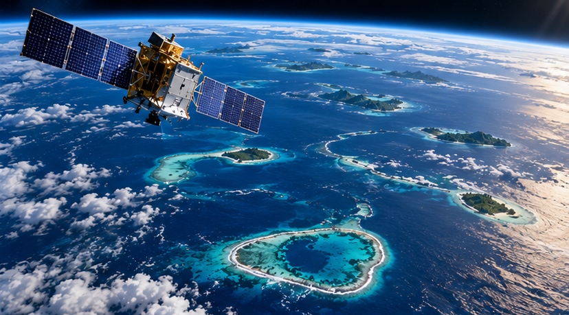 An Earth observation satellite overlooking tropical Pacific Islands, highlighting how satellite imagery supports climate change monitoring, coastal erosion assessment, sea-level research and environmental protection across the Pacific region.
