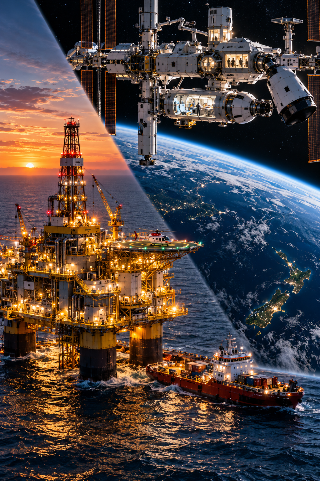Side-by-side comparison of an offshore oil and gas platform and a space station, illustrating how both facilities balance their primary mission with life support, logistics, infrastructure, maintenance and crew safety.